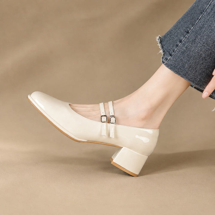 Madeline Cameo Block-Heel Pumps – Beige