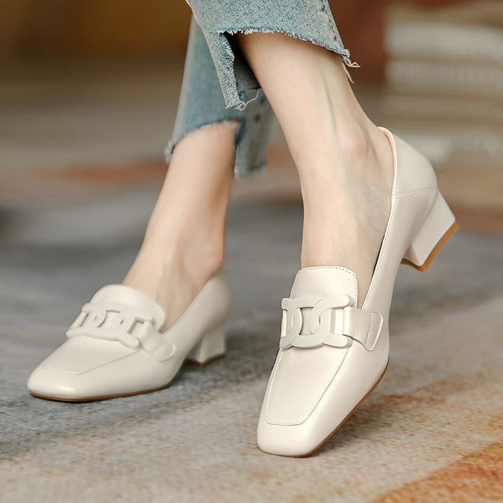 Piper Ribbon Block-Heel Mules – Beige